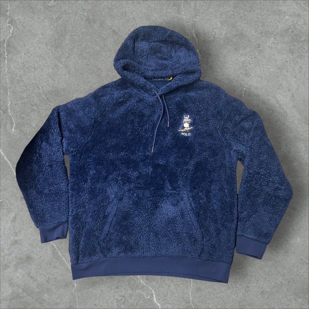 Polo Ralph Lauren Sherpa Hoodie Mens XL Navy Blue Skiing Polo Bear Pile Fleece